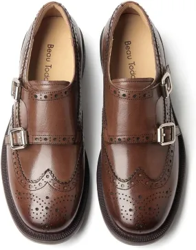 BEAU TODAY Loafers for Women, Monk Strap Brogue Leather Loafer Shoes for Women, Comfortable Square Toe Loafer Flats, Business Casual Vintage Dress Shoes