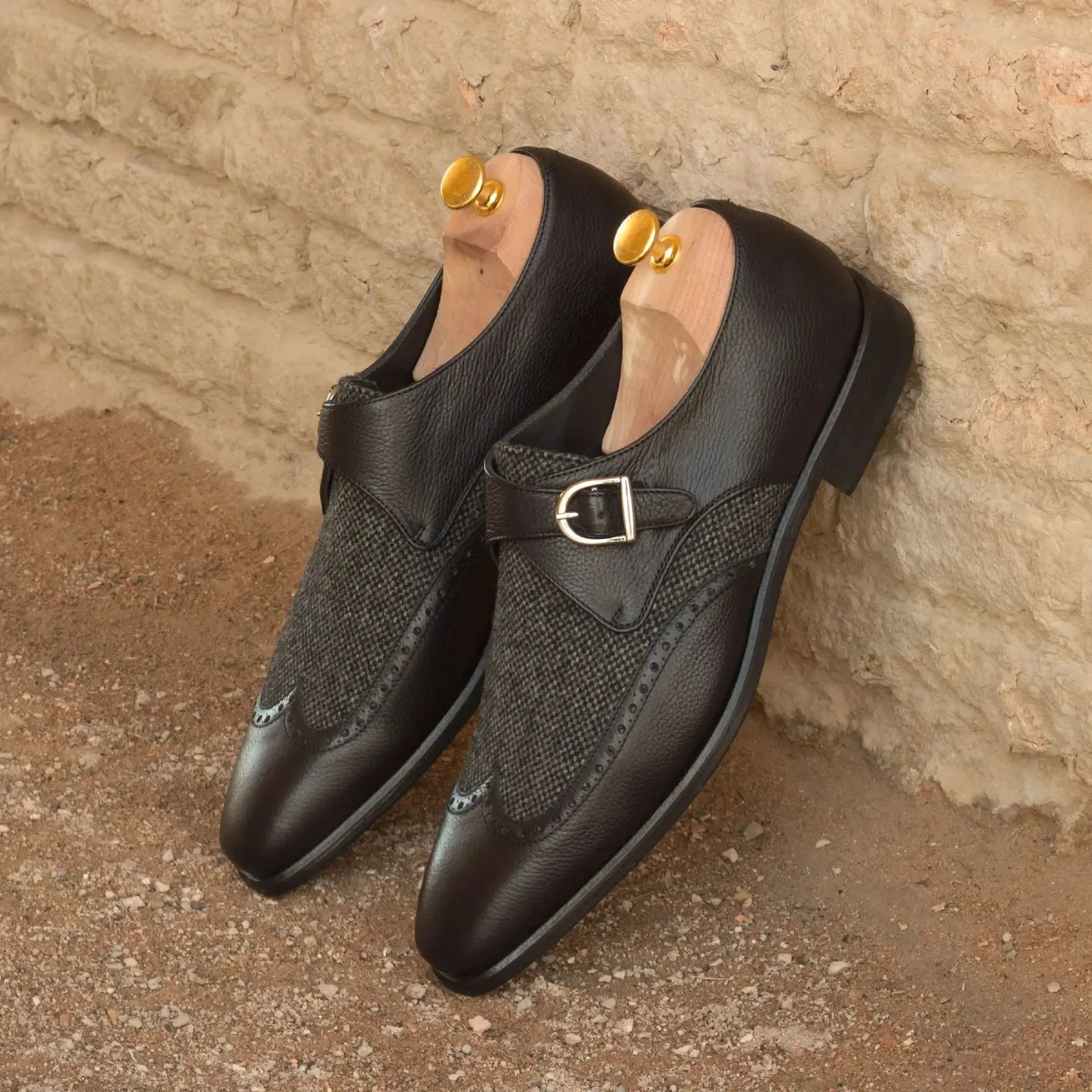 DapperFam Brenno in Black / Nailhead Men's Sartorial & Italian Full Grain Leather Single Monk
