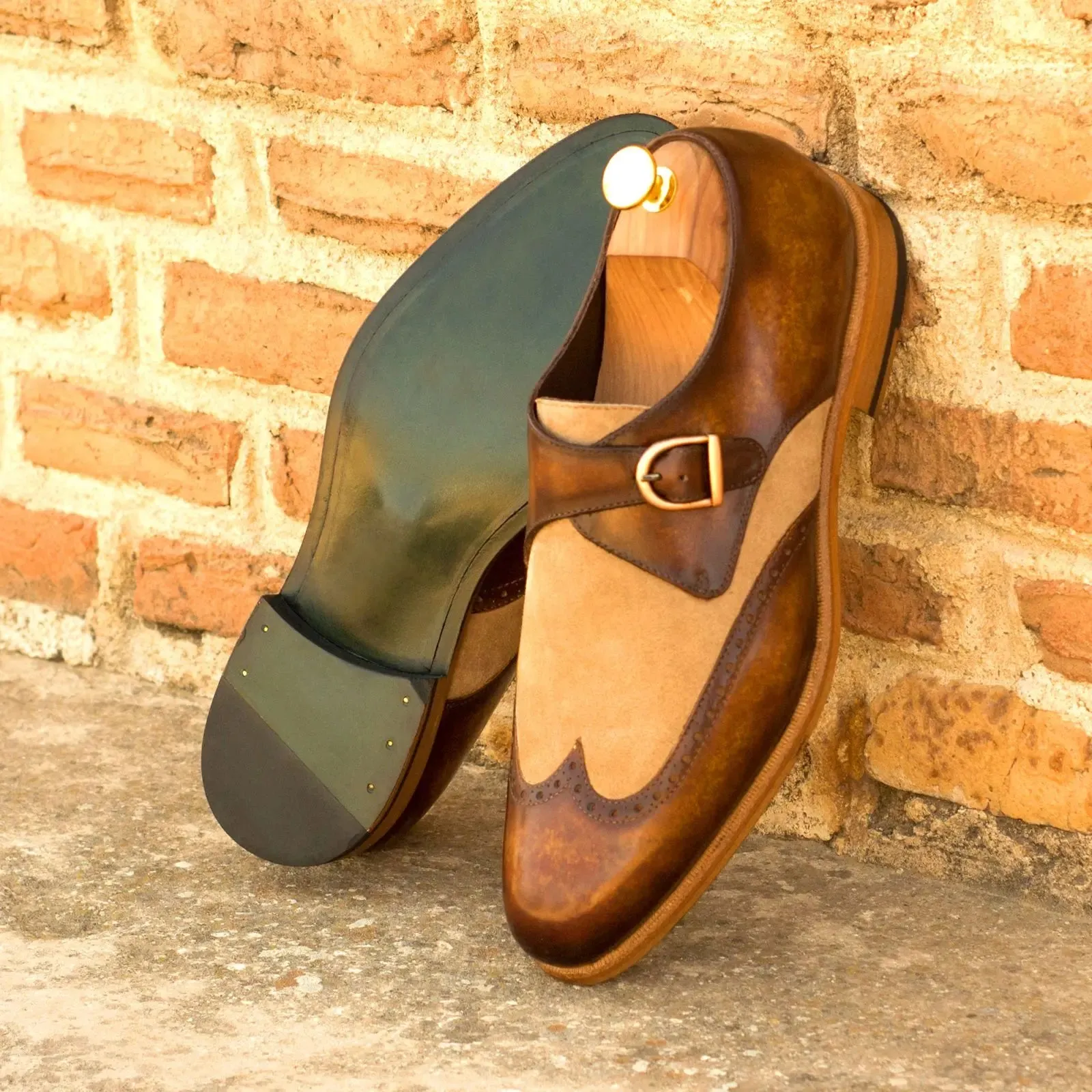 DapperFam Brenno in Camel / Cognac Men's Italian Suede & Hand-Painted Patina Single Monk