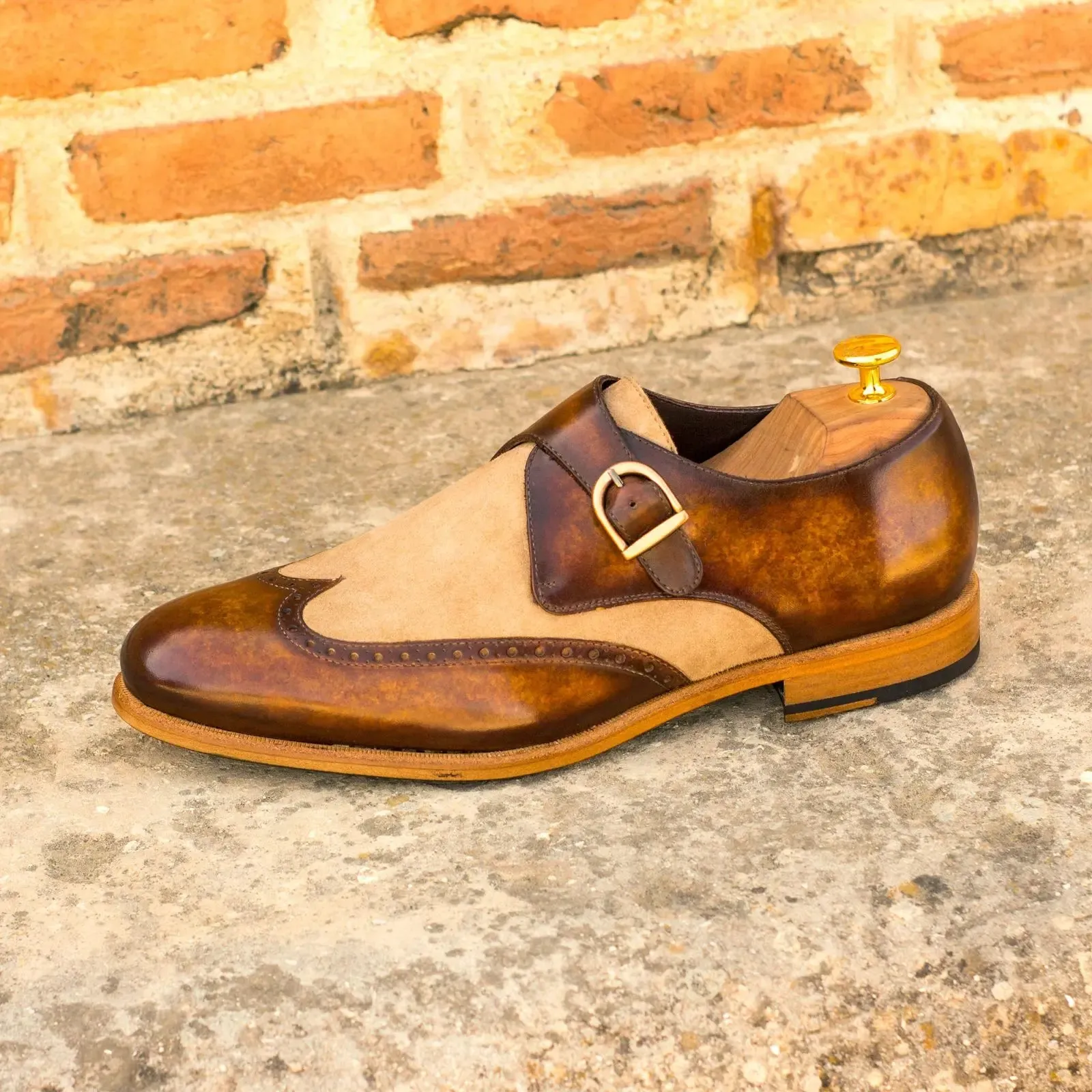 DapperFam Brenno in Camel / Cognac Men's Italian Suede & Hand-Painted Patina Single Monk