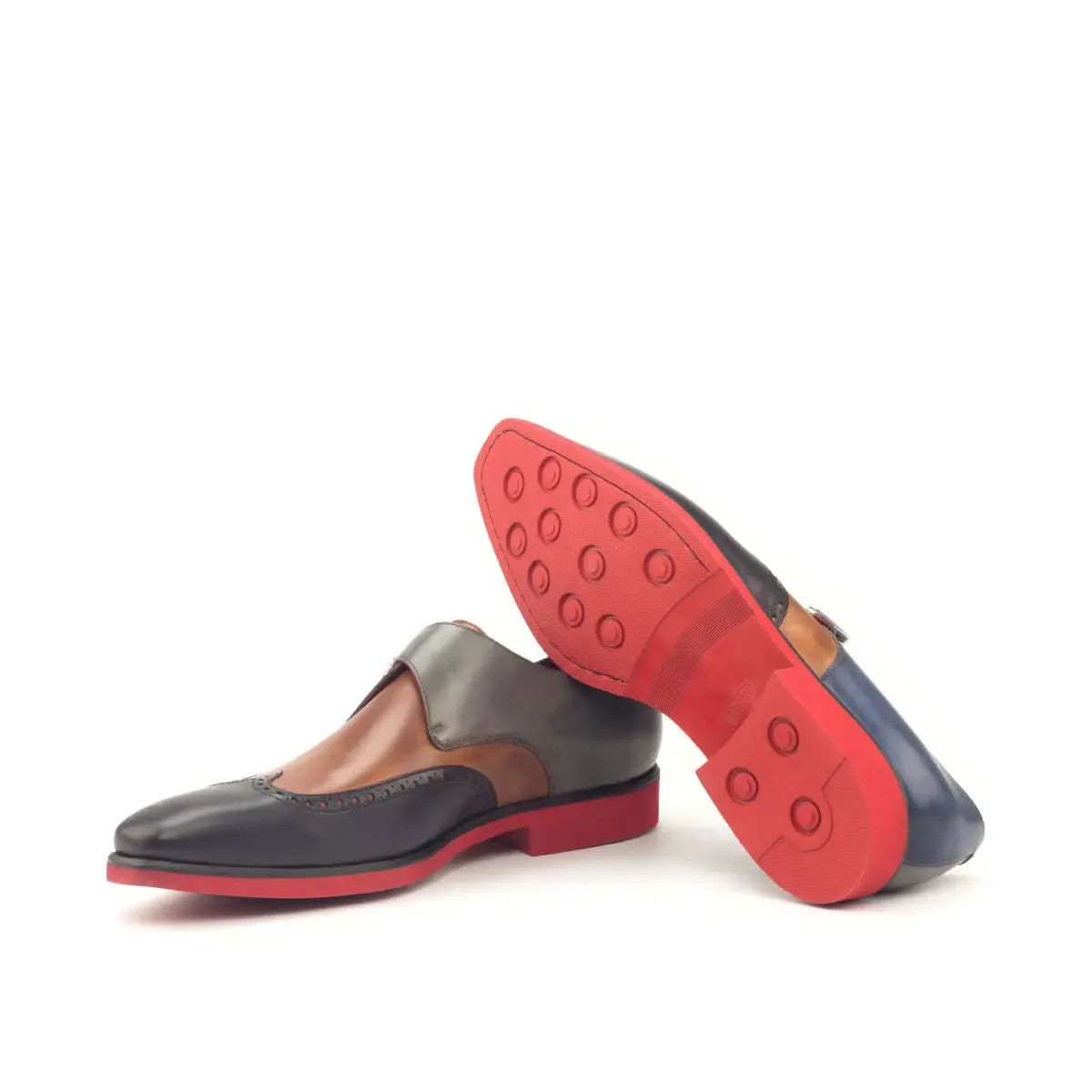 DapperFam Brenno in Cognac / Grey / Navy / Black Men's Italian Leather Single Monk