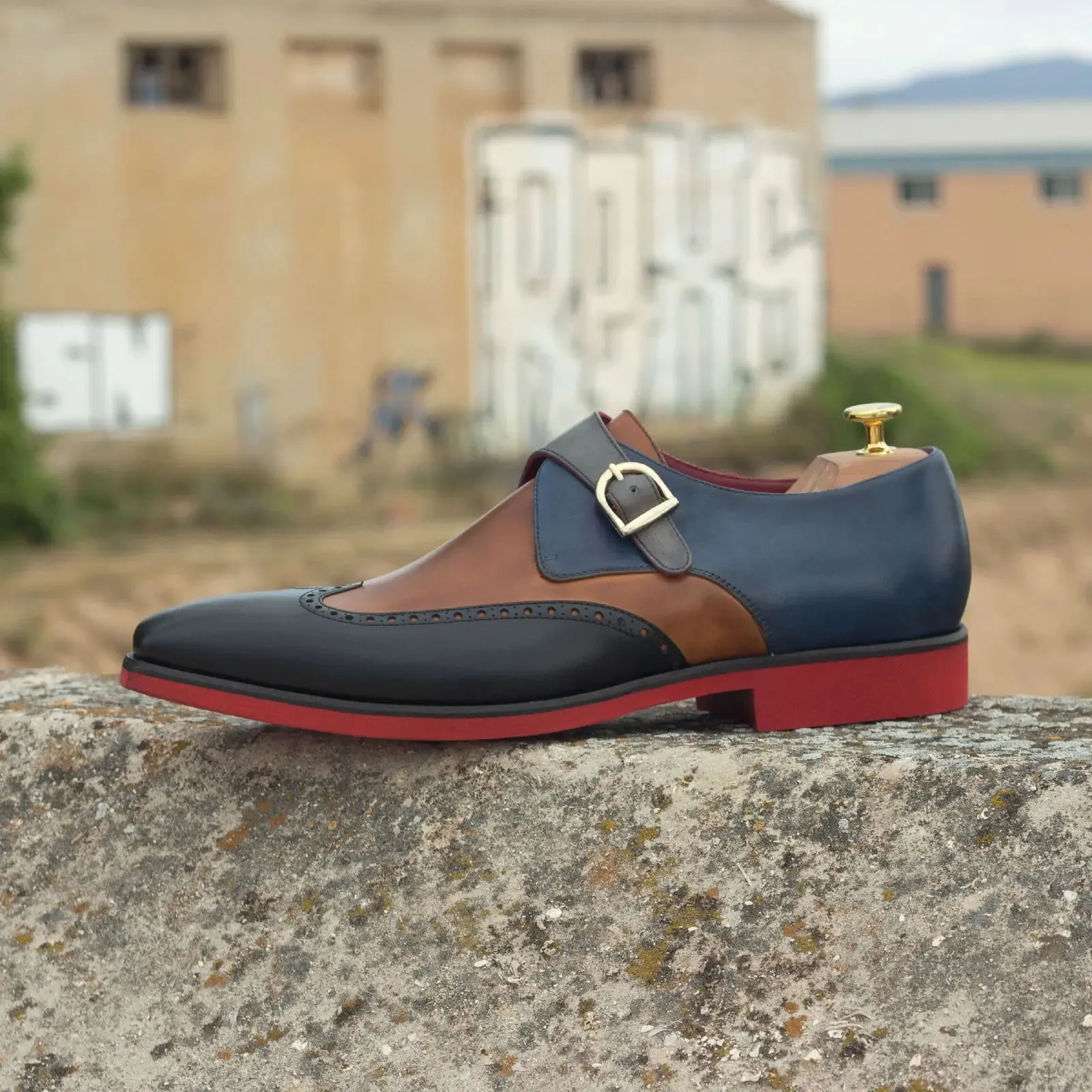 DapperFam Brenno in Cognac / Grey / Navy / Black Men's Italian Leather Single Monk