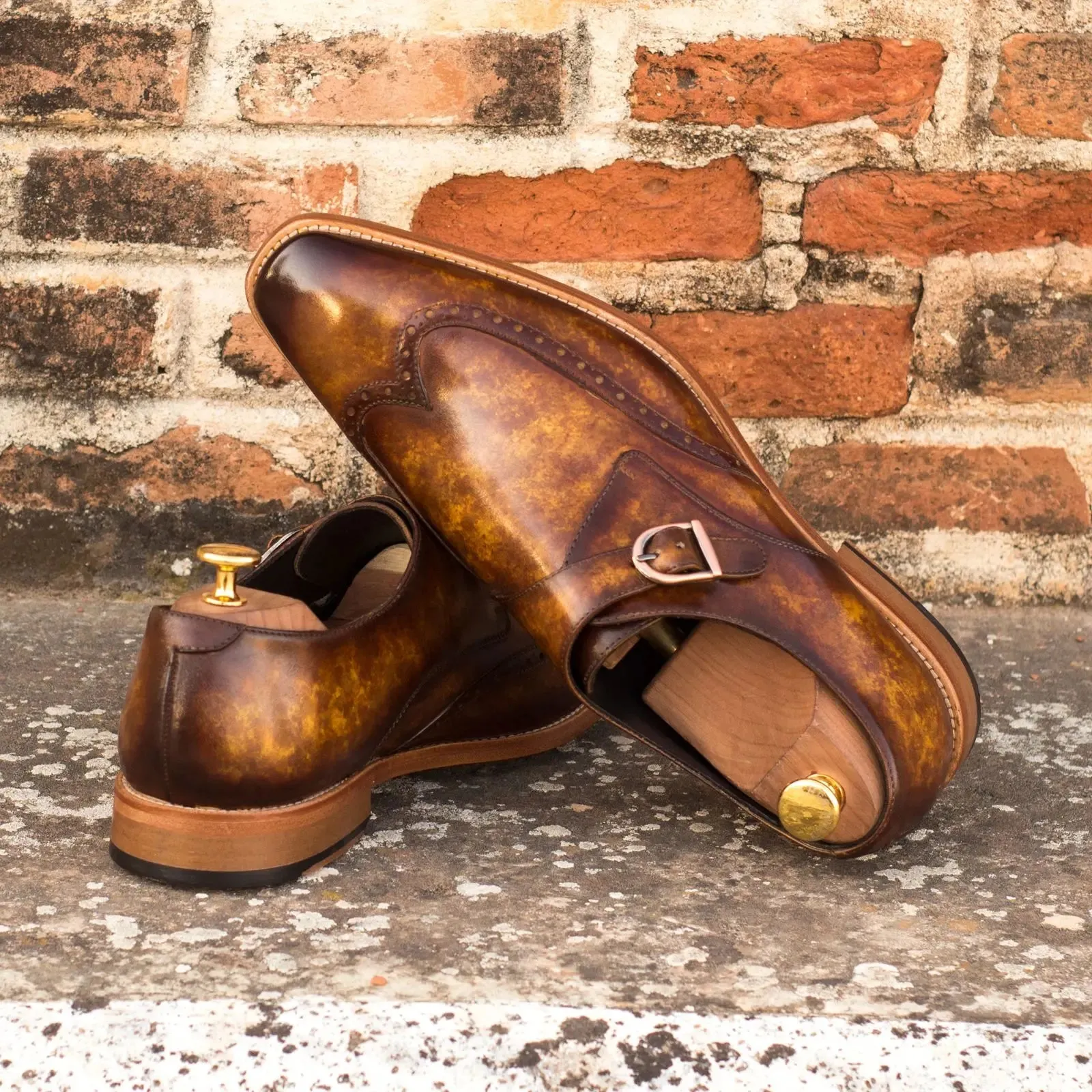 DapperFam Brenno in Cognac Men's Hand-Painted Patina Single Monk