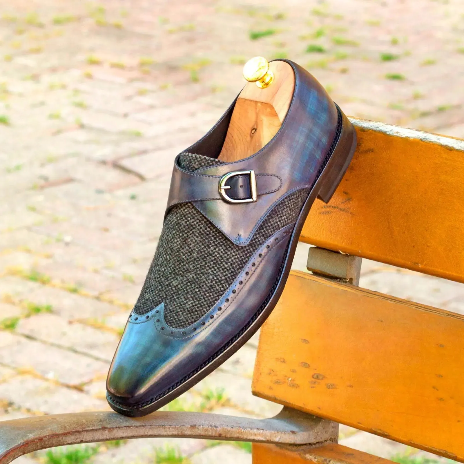 DapperFam Brenno in Denim / Nailhead Men's Sartorial & Hand-Painted Patina Single Monk