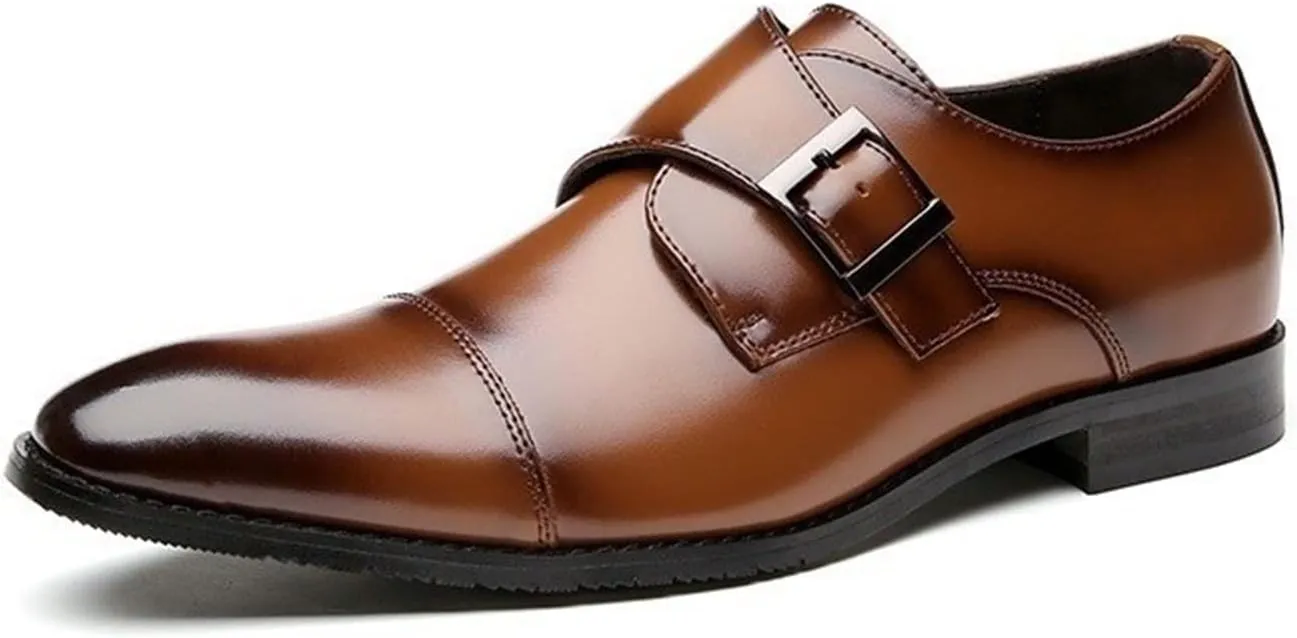 HOOENG Oxford Dress Shoes for Men Slip on Monk Strap Cap Toe Burnished Toe Leather Non Slip Resistant Low Top Block Heel Anti-Slip Outdoor