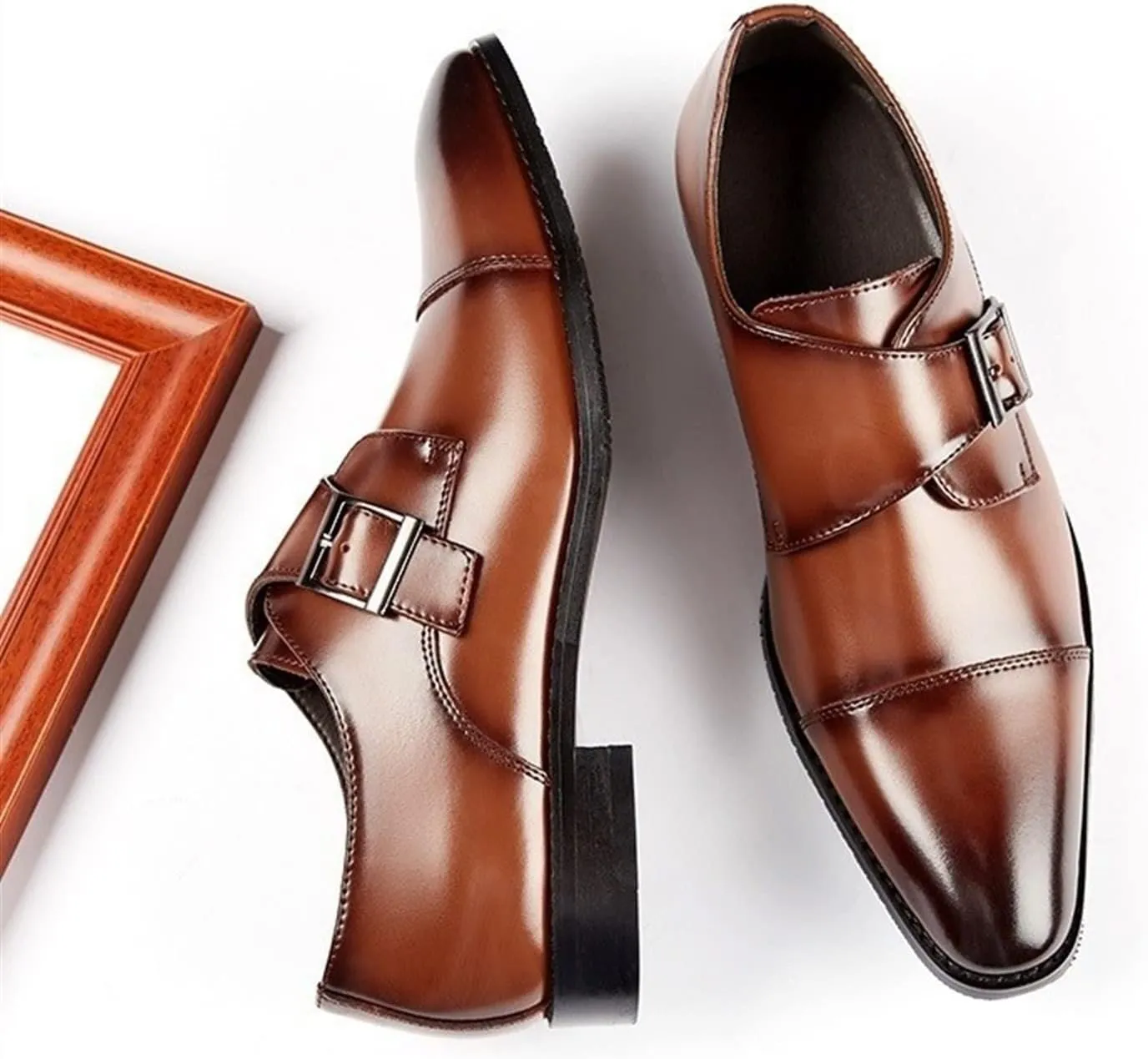 HOOENG Oxford Dress Shoes for Men Slip on Monk Strap Cap Toe Burnished Toe Leather Non Slip Resistant Low Top Block Heel Anti-Slip Outdoor