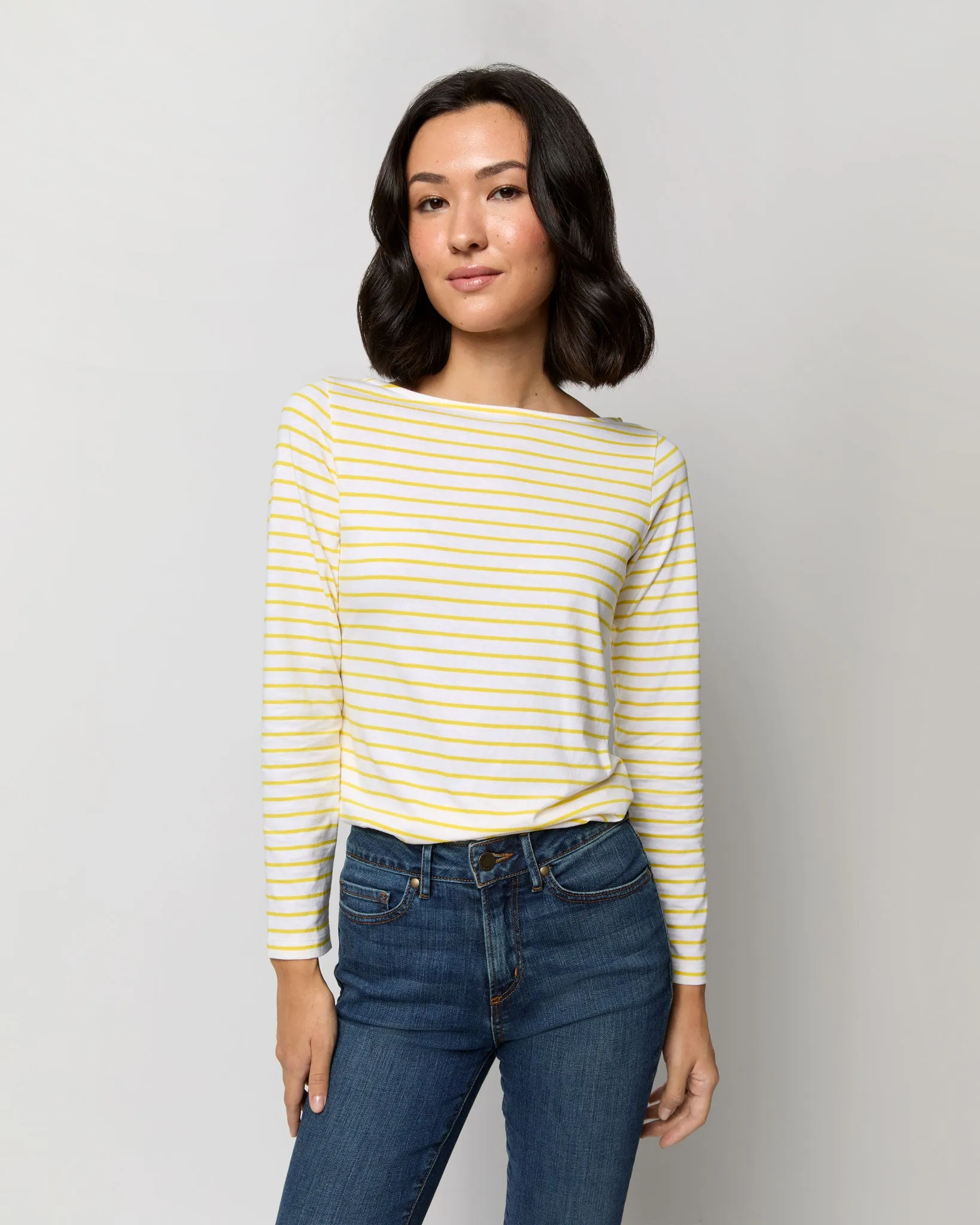 Long-Sleeved Boatneck Tee in White/Bright Yellow Stripe Jersey