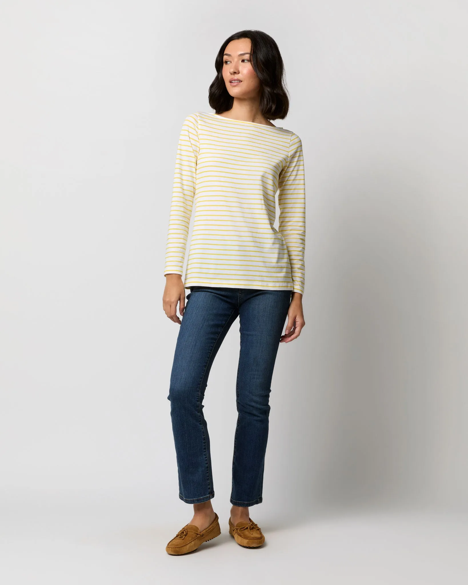 Long-Sleeved Boatneck Tee in White/Bright Yellow Stripe Jersey