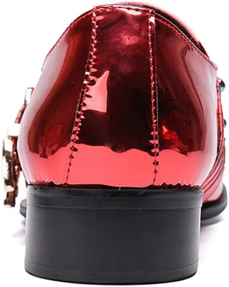 Men's Business Leather Shoes,Banquet Wedding Rivets Dress Shoes Bright Patent Leather Double Buckle,Red-37