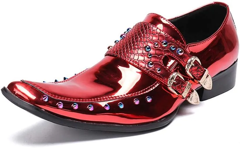 Men's Business Leather Shoes,Banquet Wedding Rivets Dress Shoes Bright Patent Leather Double Buckle,Red-37