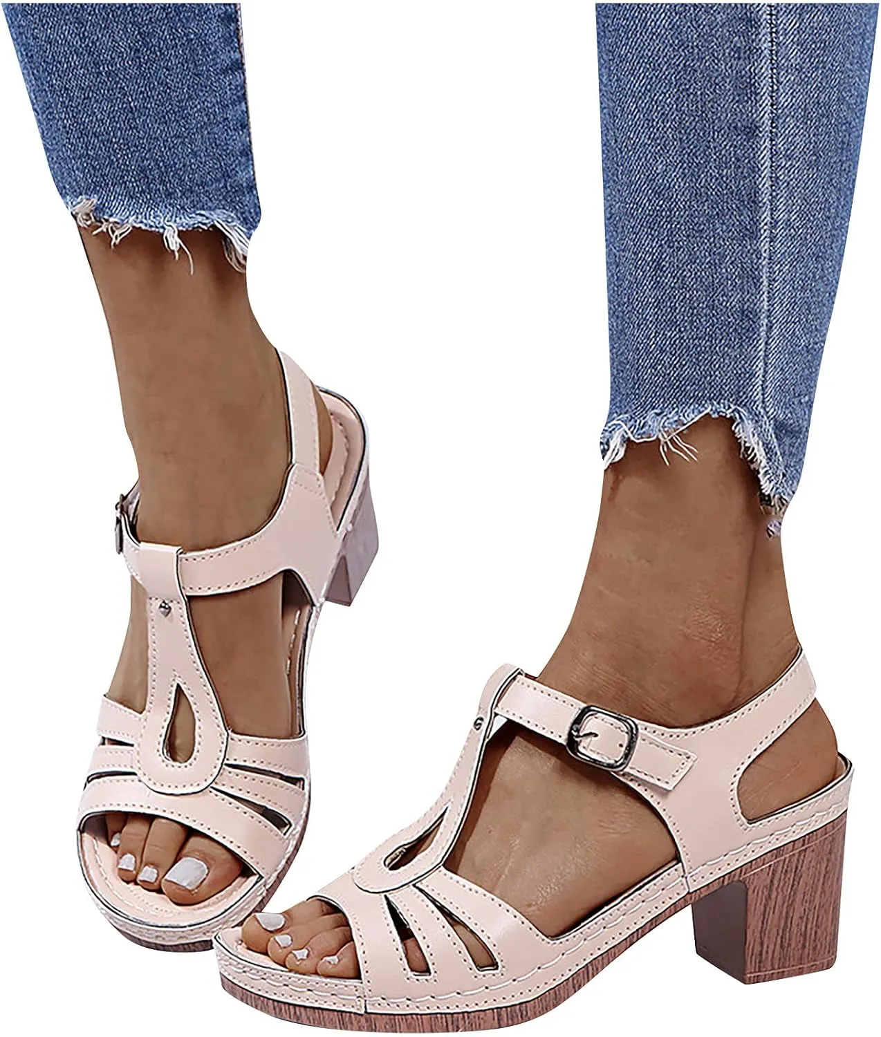 oiangi Block Heel Sandals for Women Dressy Summer Fish Mouth Open Toe Buckle Hollow Chunky High Heels Shoes Comfy Casual Thick Heel Slides Sandalias