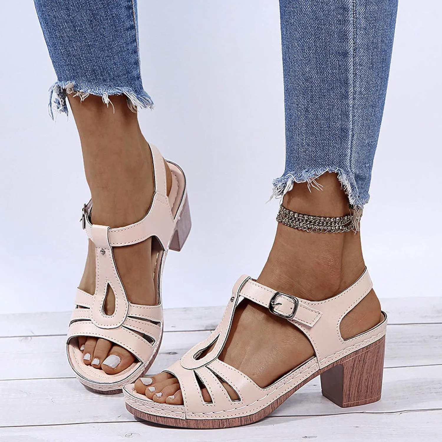 oiangi Block Heel Sandals for Women Dressy Summer Fish Mouth Open Toe Buckle Hollow Chunky High Heels Shoes Comfy Casual Thick Heel Slides Sandalias