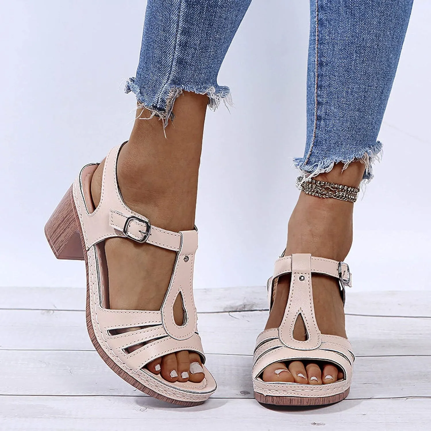 oiangi Block Heel Sandals for Women Dressy Summer Fish Mouth Open Toe Buckle Hollow Chunky High Heels Shoes Comfy Casual Thick Heel Slides Sandalias