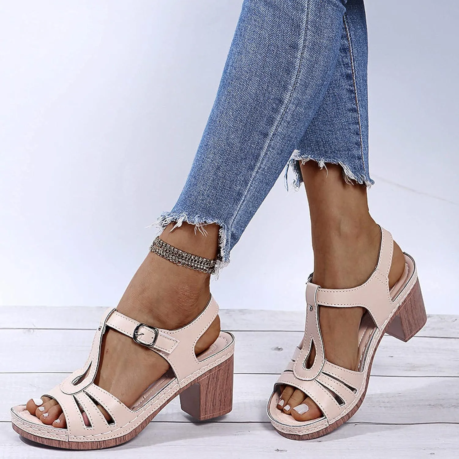 oiangi Block Heel Sandals for Women Dressy Summer Fish Mouth Open Toe Buckle Hollow Chunky High Heels Shoes Comfy Casual Thick Heel Slides Sandalias