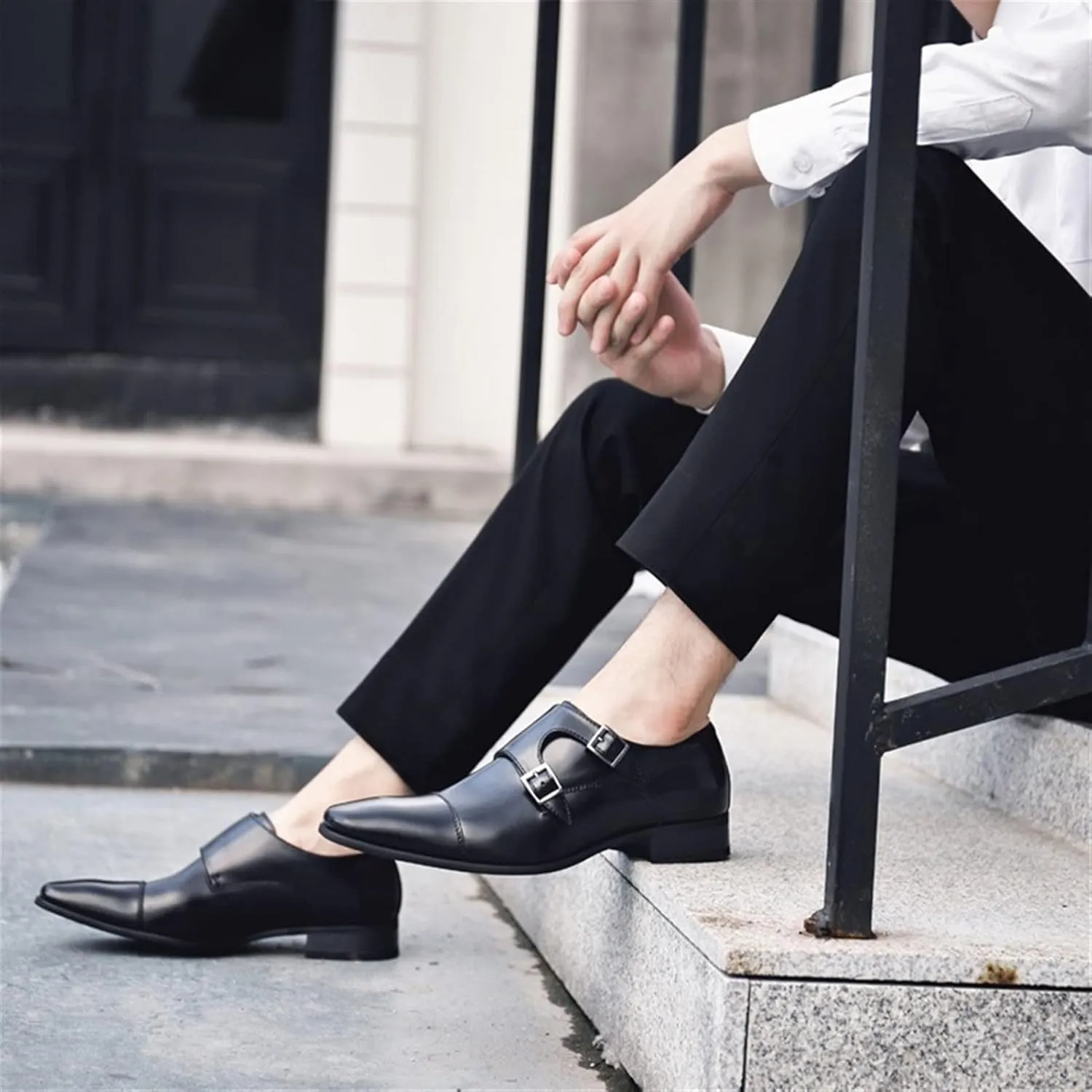 Oxford Dress Shoes for Men Slip On Double Monk Strap Cap Toe Square Toe Leather Slip Resistant Rubber Sole Block Heel Low Top Outdoor