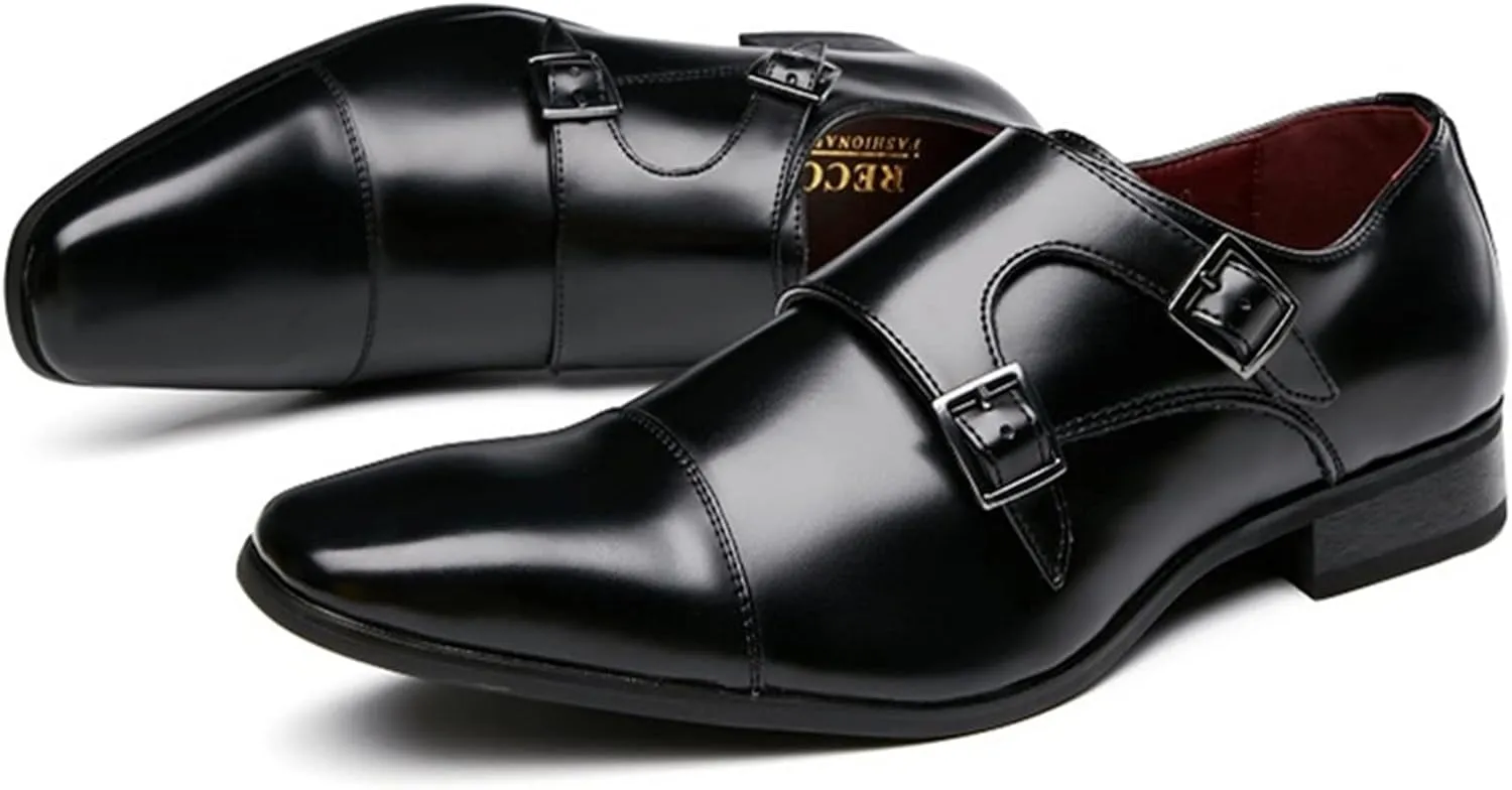 Oxford Dress Shoes for Men Slip On Double Monk Strap Cap Toe Square Toe Leather Slip Resistant Rubber Sole Block Heel Low Top Outdoor