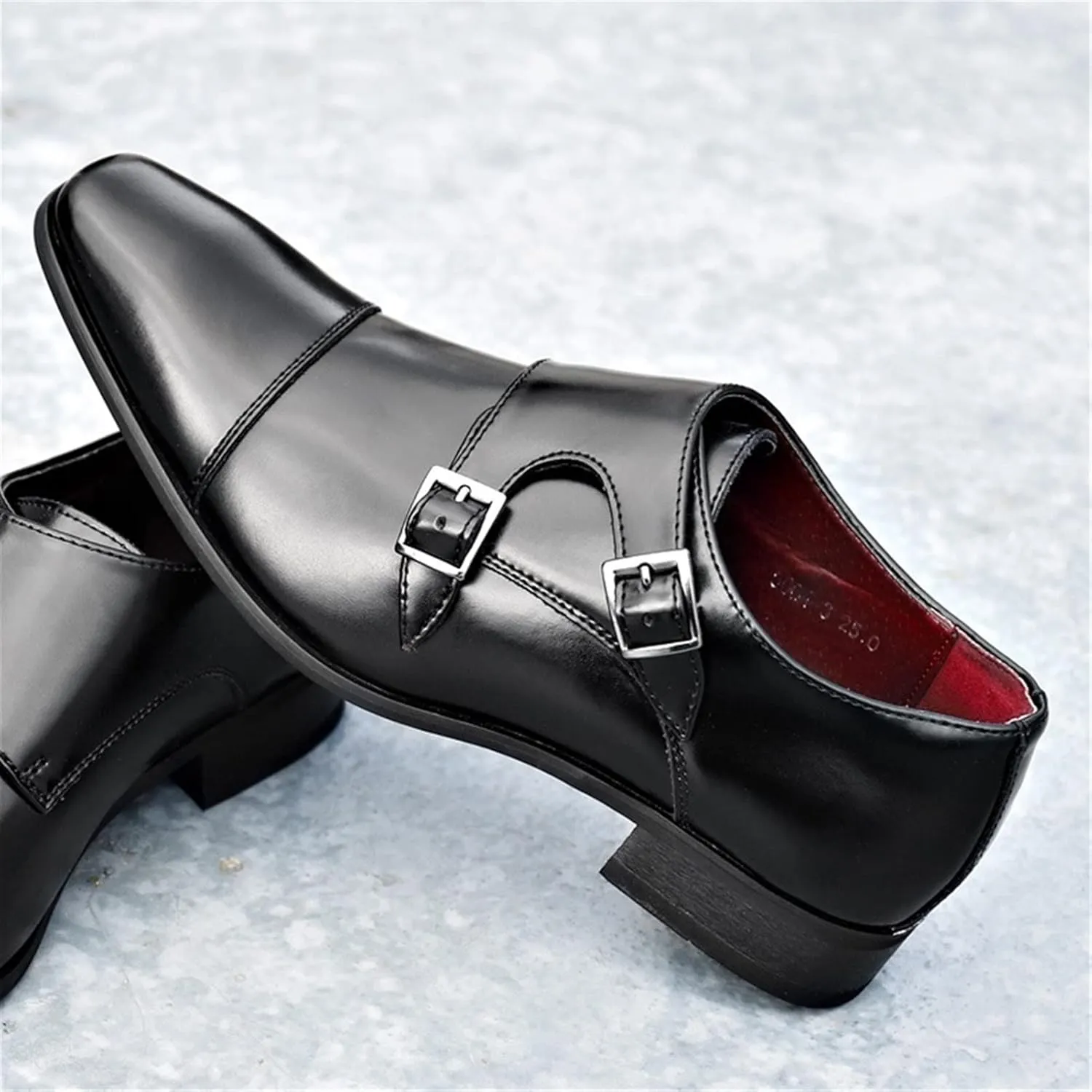 Oxford Dress Shoes for Men Slip On Double Monk Strap Cap Toe Square Toe Leather Slip Resistant Rubber Sole Block Heel Low Top Outdoor