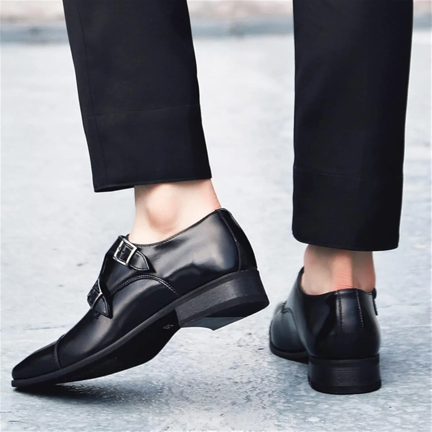 Oxford Dress Shoes for Men Slip On Double Monk Strap Cap Toe Square Toe Leather Slip Resistant Rubber Sole Block Heel Low Top Outdoor