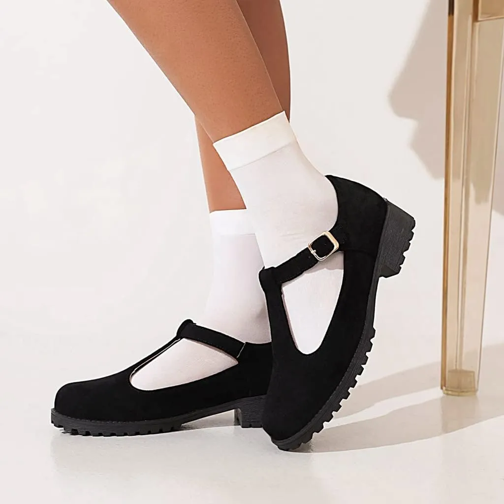 Women's Mary Jane T-Strap Loafers Flats Vintage Round Toe Suede Low Heel Girls Dress Oxford Shoes