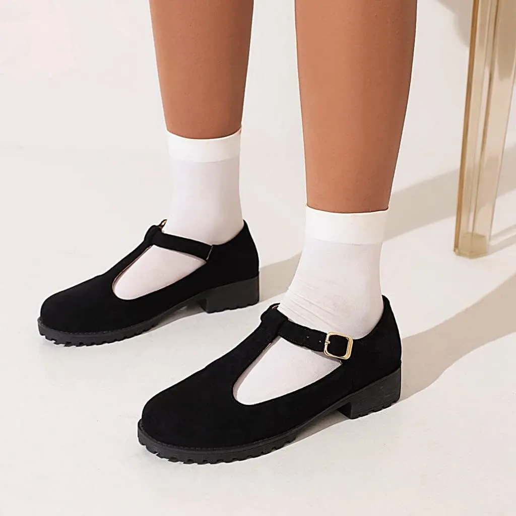 Women's Mary Jane T-Strap Loafers Flats Vintage Round Toe Suede Low Heel Girls Dress Oxford Shoes