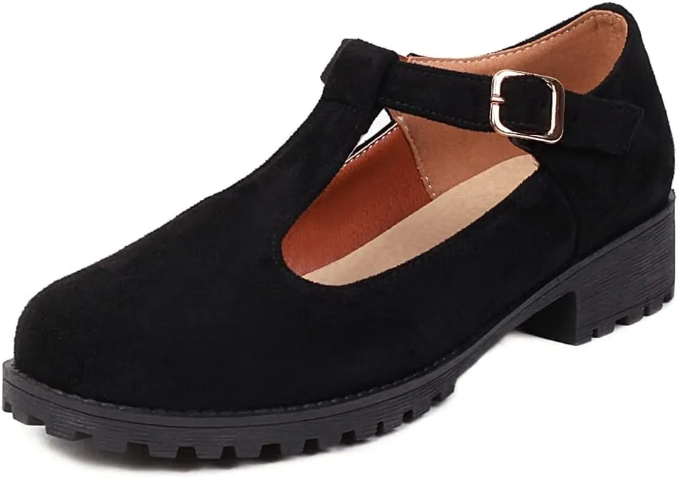 Women's Mary Jane T-Strap Loafers Flats Vintage Round Toe Suede Low Heel Girls Dress Oxford Shoes
