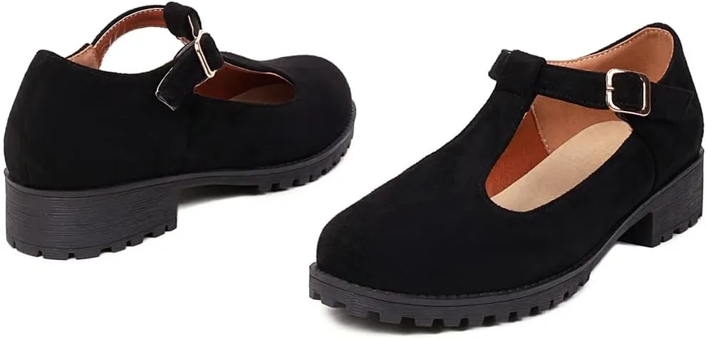 Women's Mary Jane T-Strap Loafers Flats Vintage Round Toe Suede Low Heel Girls Dress Oxford Shoes