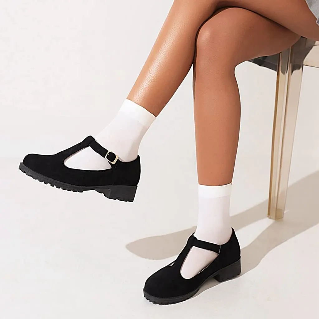 Women's Mary Jane T-Strap Loafers Flats Vintage Round Toe Suede Low Heel Girls Dress Oxford Shoes
