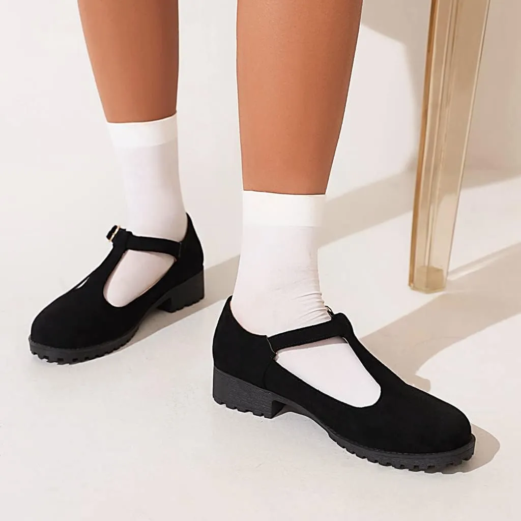 Women's Mary Jane T-Strap Loafers Flats Vintage Round Toe Suede Low Heel Girls Dress Oxford Shoes