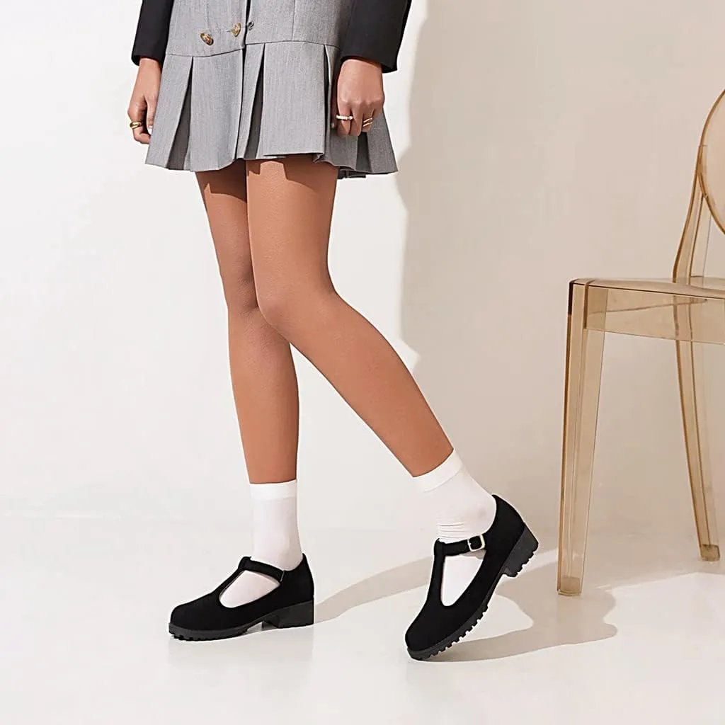 Women's Mary Jane T-Strap Loafers Flats Vintage Round Toe Suede Low Heel Girls Dress Oxford Shoes