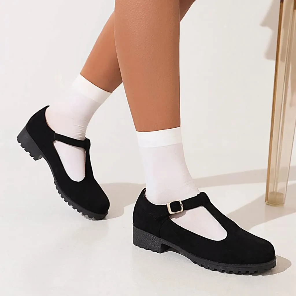 Women's Mary Jane T-Strap Loafers Flats Vintage Round Toe Suede Low Heel Girls Dress Oxford Shoes