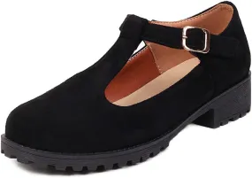 Women's Mary Jane T-Strap Loafers Flats Vintage Round Toe Suede Low Heel Girls Dress Oxford Shoes