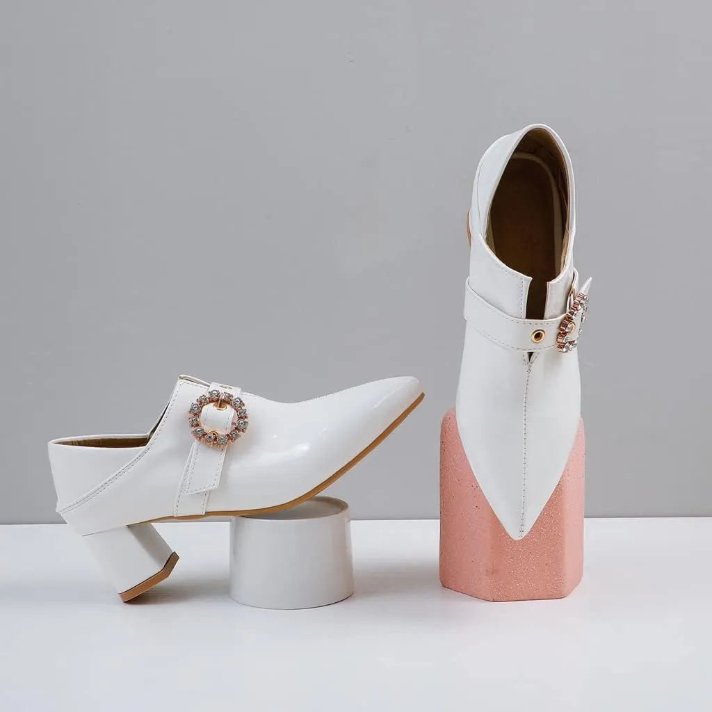 Women's Square Toe Buckle Pump Oxfords Patent Leather Chunky Mid Heels Western Classic Dress Shoes