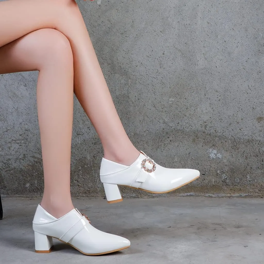 Women's Square Toe Buckle Pump Oxfords Patent Leather Chunky Mid Heels Western Classic Dress Shoes