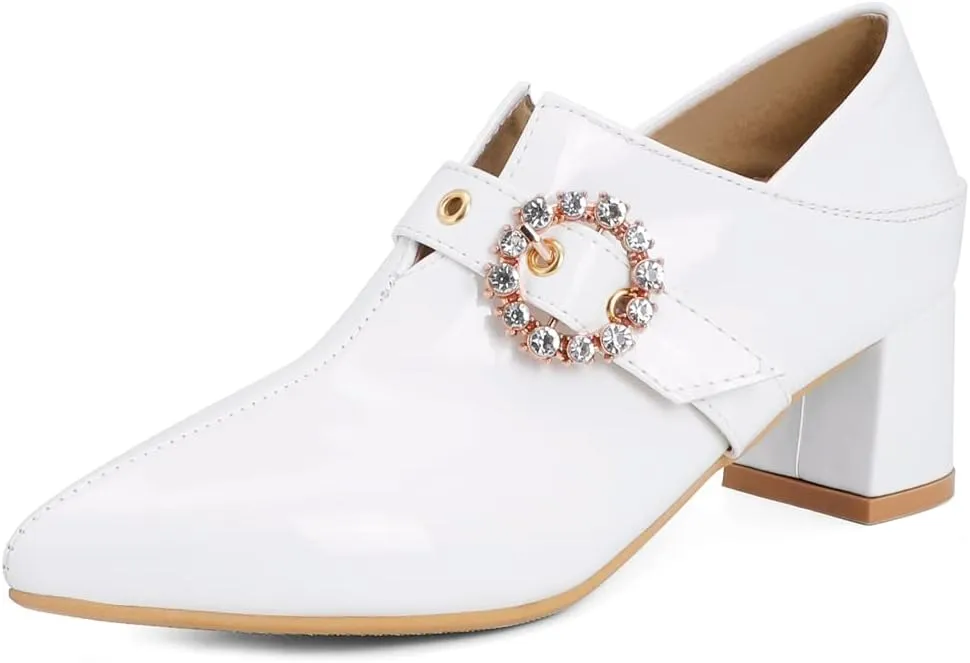 Women's Square Toe Buckle Pump Oxfords Patent Leather Chunky Mid Heels Western Classic Dress Shoes