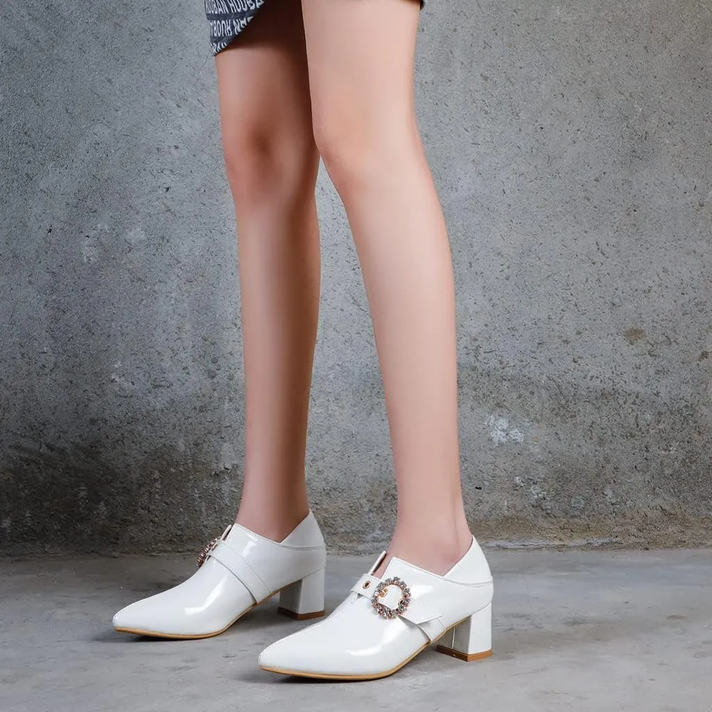 Women's Square Toe Buckle Pump Oxfords Patent Leather Chunky Mid Heels Western Classic Dress Shoes