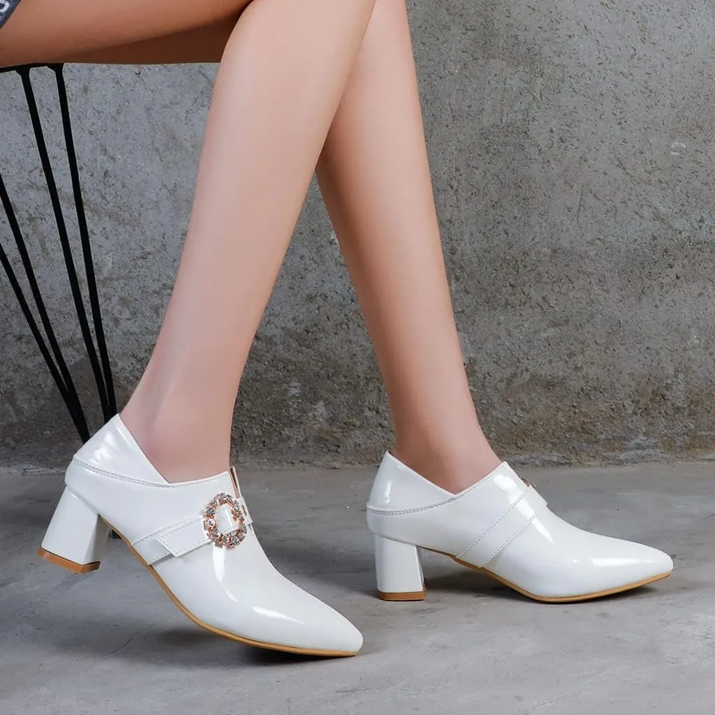 Women's Square Toe Buckle Pump Oxfords Patent Leather Chunky Mid Heels Western Classic Dress Shoes