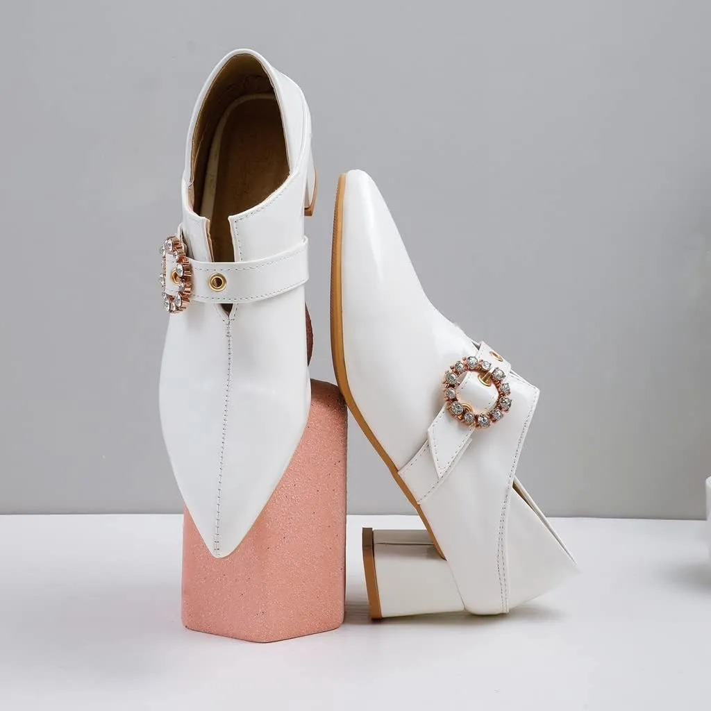 Women's Square Toe Buckle Pump Oxfords Patent Leather Chunky Mid Heels Western Classic Dress Shoes